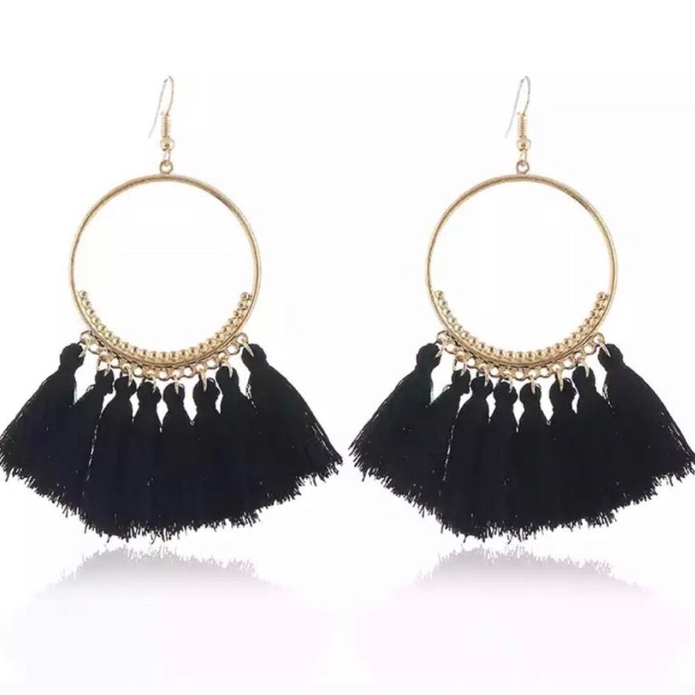Francesca's Boho Black Hoop Tassel Earrings